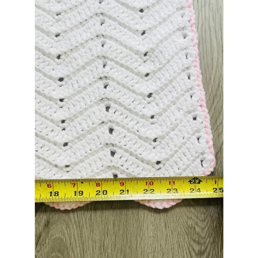 Vintage Crotchet Baby Crib Blanket Handmade White & Pastel Pink Satin Ribbon Bow